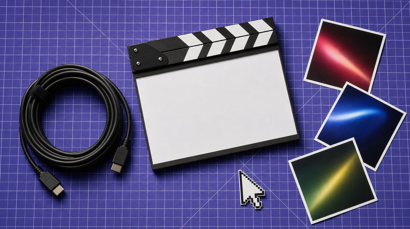 Ciak bianco, cavo video e fotogrammi astratti su tappetino da taglio viola