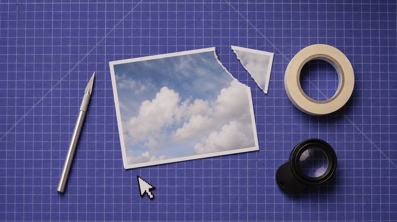 Foto di un cielo con un angolo strappato, taglierino, nastro di carta e lente su tappetino da taglio viola