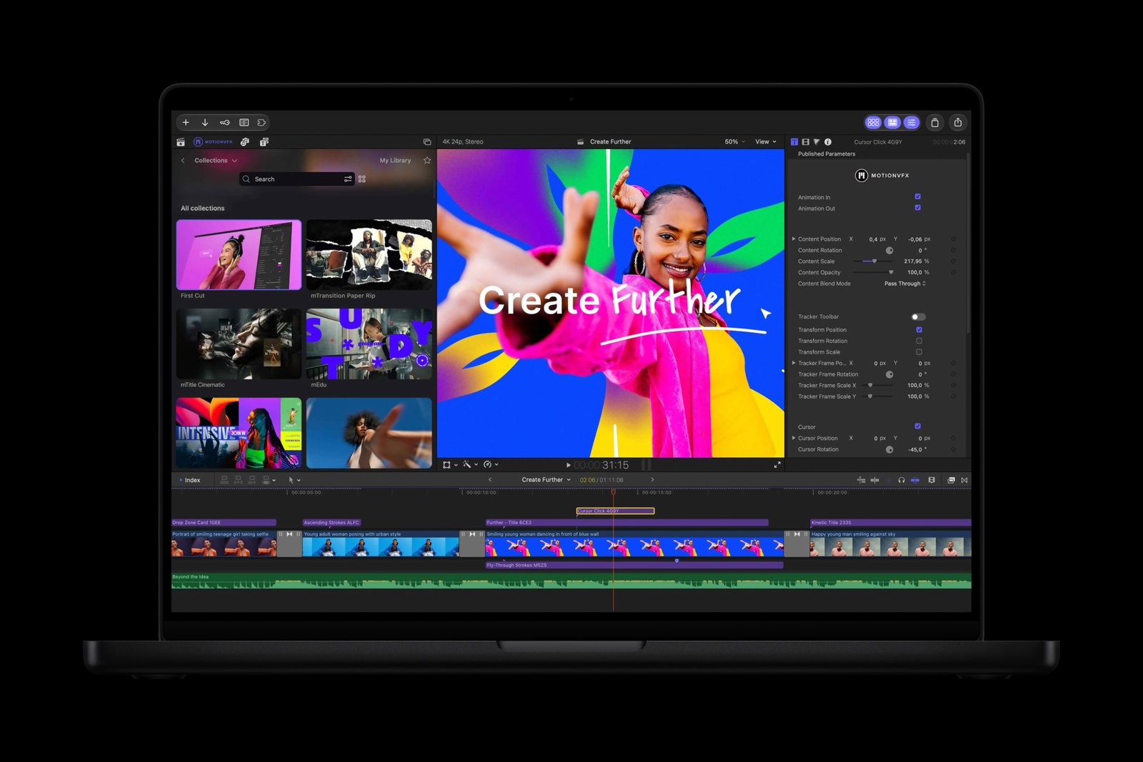 Un MacBook Pro con una schermata di MotionVFX in Final Cut Pro