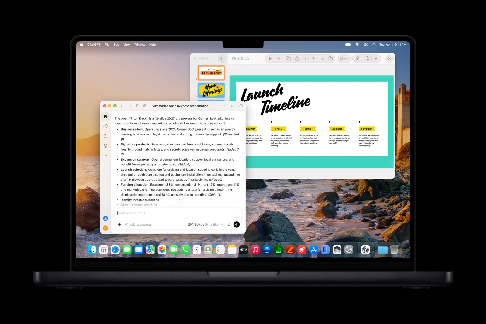 Un MacBook Pro con una presentazione in Keynote e il riepilogo del documento generato dall'AI