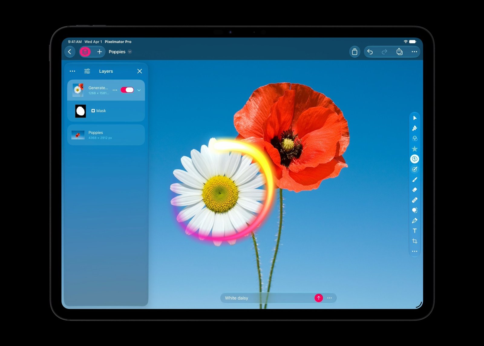 Un iPad con la schermata di Generate Fill in Pixelmator Pro