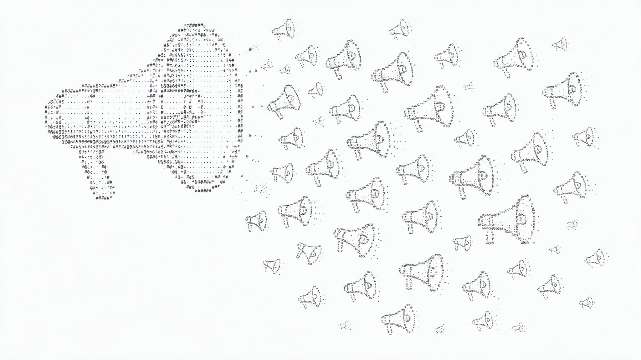 Un megafono disegnato a caratteri e punti che si moltiplica in tante copie diverse