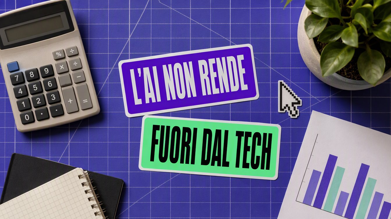 Etichette "L'AI non rende fuori dal tech" su tappetino da taglio viola con calcolatrice e grafico