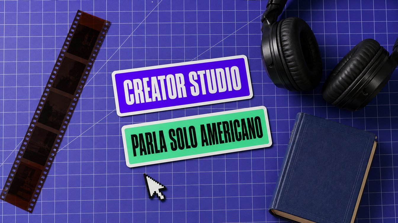Etichette "Creator Studio parla solo americano" su tappetino da taglio viola con pellicola, cuffie e dizionario