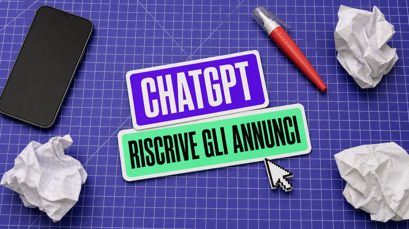 Etichette "ChatGPT riscrive gli annunci" su tappetino da taglio viola con smartphone e bozze