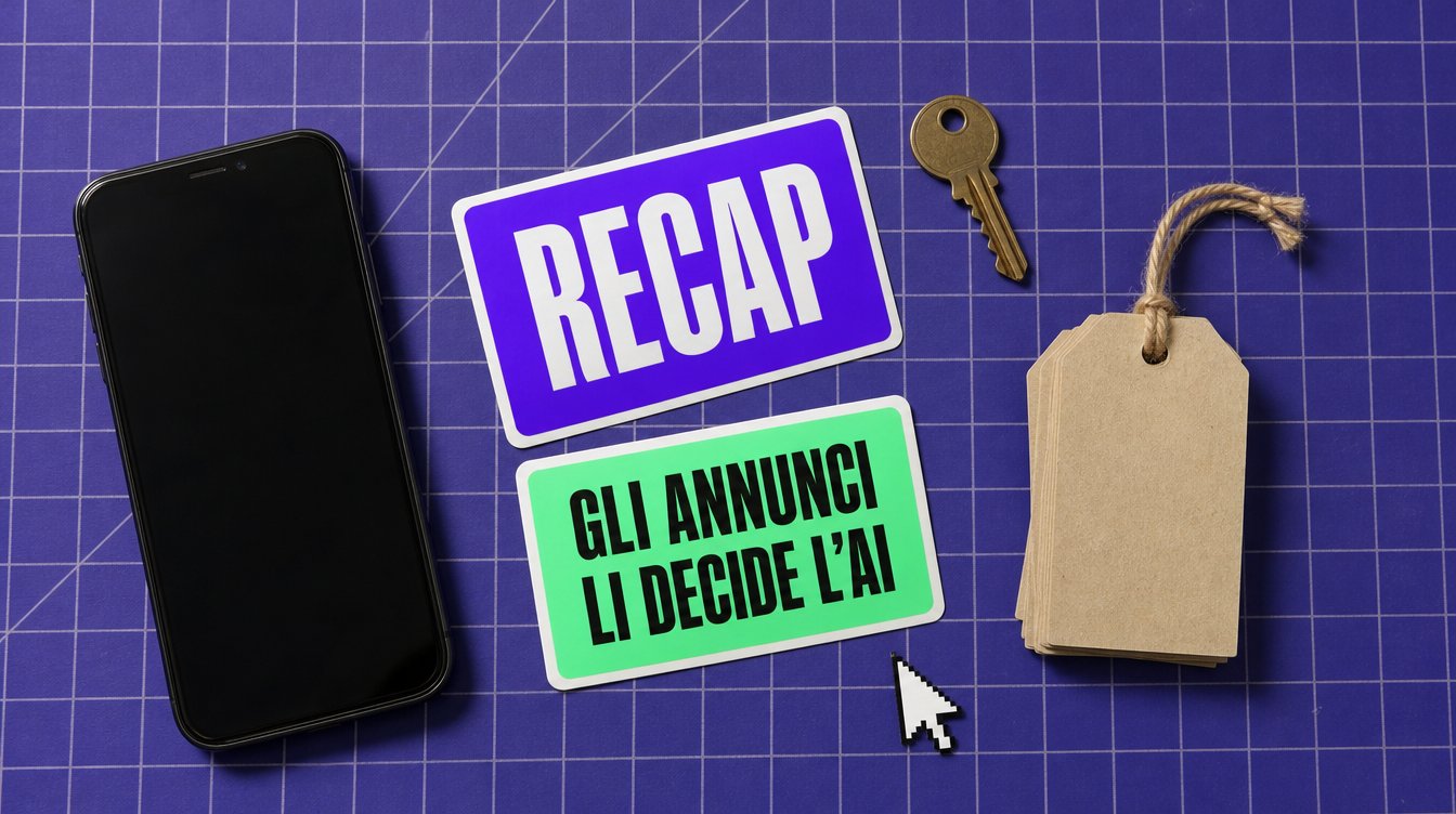 Etichette "Recap" e "Gli annunci li decide l'AI" su tappetino da taglio viola con smartphone, chiave e cartellini del prezzo