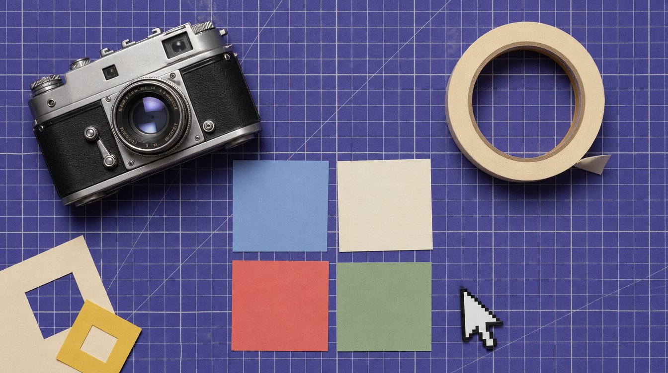 Macchina fotografica d'epoca, nastro di carta e quadrati colorati come varianti di un annuncio su tappetino da taglio viola